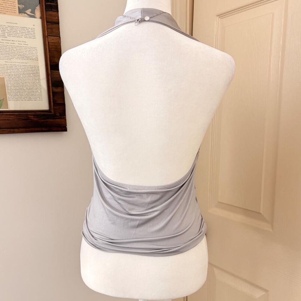 Y2K Metallic Silver Ruched Halter Top - Picture 4 of 7